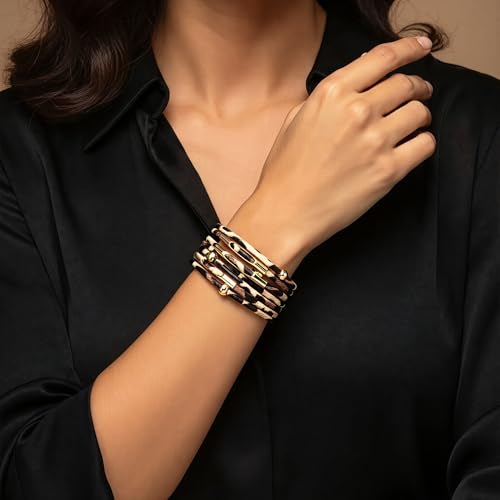 Fesciory Leopard Bracelet for Women, Boho Leather Wrap Multi-Layer Pearl Crystal Bracelet Bangle Jewelry - Image 3