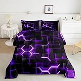 Picture of Feelyou Purple and Black Bedding Set King Size Honeycomb Comforter Set for Kids Boys Girls Decor Hexagon Theme Comforter Geometrical Beehive Duvet Set