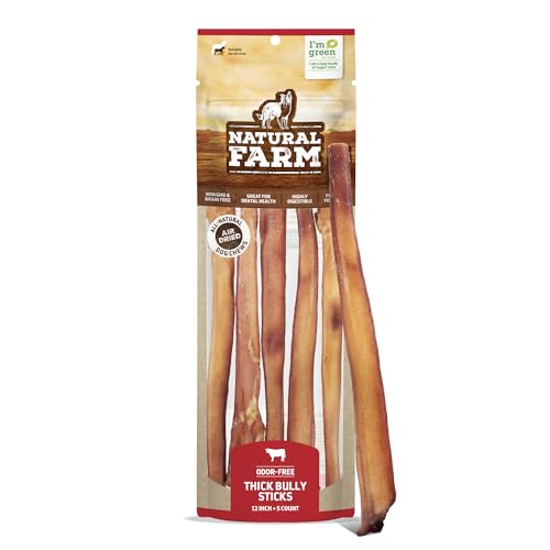 Natural Farm Odor-Free Thick Bully Sticks (12”, 5-Pack) All-Natural Long-Lasting Dog Chews, 100% Beef Pizzle, Grass-Fed, Grain-Free, Protein for Muscle Development & Energy, Perfect for Large Dogs