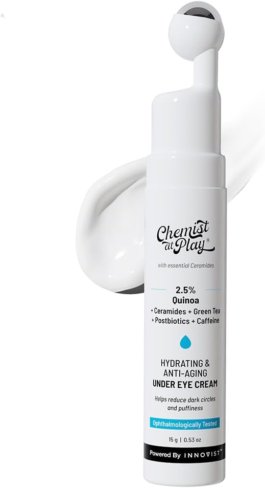 Chemist At Play Under Eye Cream with 2% Revital Eye & Quinoa Extract|Reducing Dark Circles, Puffiness, Wrinkles, Crows Feet|Plant-Based Ceramides|100% Vegan|Cooling Gel & Roller for Men & Women|15g