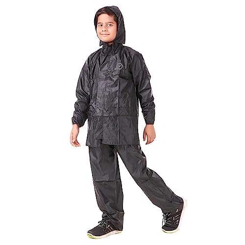 Adorazone Boy’s & Girl’s 100% Waterproof Nylon Solid Black Raincoat/Rainsuit with Pockets, Adjustable Hood & Carry Bag