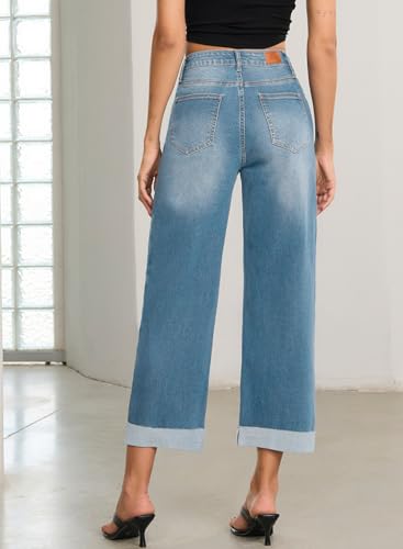 Image of Sidefeel Barrel Jeans for Women High Waisted Wide Leg Baggy Stretchy Trendy Raw Rolled Hem Capri Cropped Ankle Denim Pants