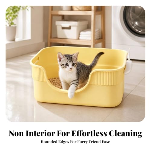 Image of Splash-Reducing PP ABS Cat Litter Box with Scoop Anti-Splashing High-Sided Cat Litter Box with Carrying Handles Easy to Petfresh Toilet Sturdy for Kittens, Home, Beige, Medium Handle