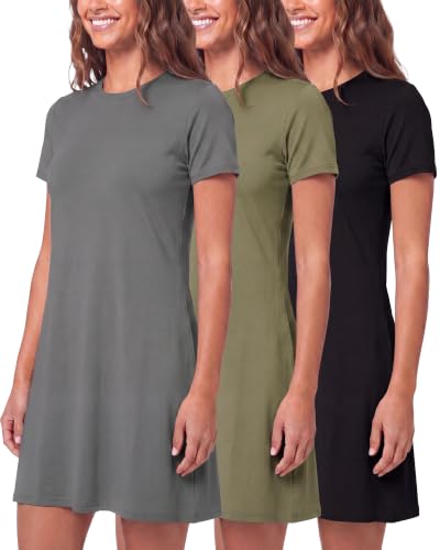 Image of Real Essentials 3 Pack: Women's Short Sleeve T Shirt Dress Swing Loose Casual Lounge Everyday Outfit (Available in Plus)