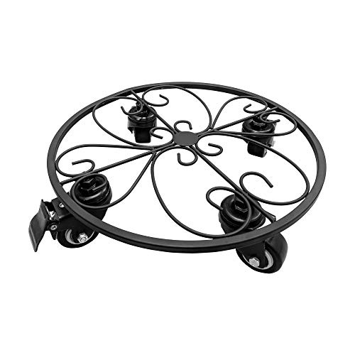 Iron Potted Plant Stand on Steel Casters (No Plastic), 12", Metal Plant Stand on Rollers, Flower Pot Trolley, Round Plant Caddy, Planter Movers with Locking Round Wheel, Plant Caddie, Pot Dolly
