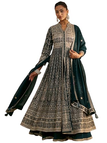 Image of Libas Art Embroidered Georgette Anarkali Kurta With Palazzos and Dupatta | ethnic wear | bridal suit | occasion wear