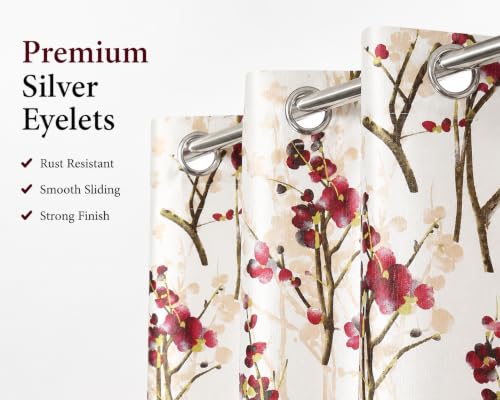 Image of 9 Feet Polyester Floral Light Filtering Long Door Curtains for Bedroom, Living Room & Hall, Eyelet Top, Maroon Print Curtain Set of 4