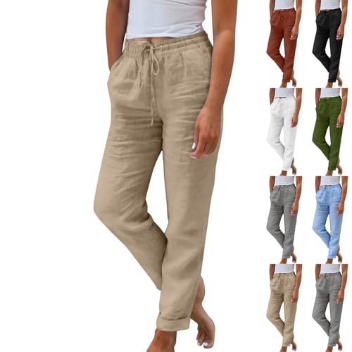 Linen Pants Women Comfy Elastic Waist Drawstring Cotton Pants Lightweight Tapered Lounge Vacation Beach Pants