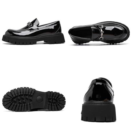 XENTORD Men's Patent Leather Platform Loafers Comfort Non-Slip Lug Sole Slip-On Dress Shoes with Metal Horsebit Detail for Business Office & Casual4