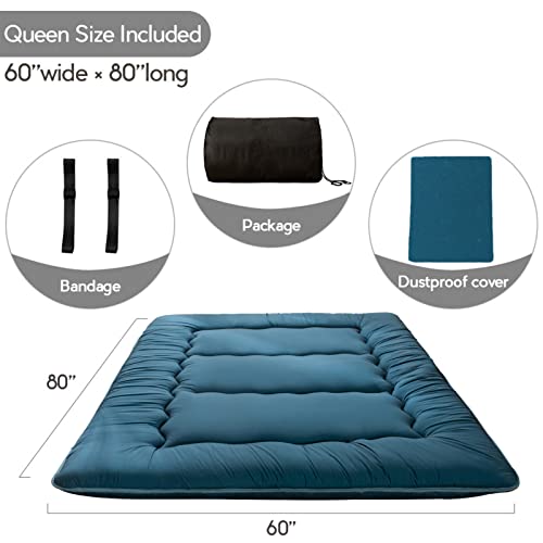 Image of MAXYOYO Japanese Floor Mattress Futon Mattress, Thicken Sleeping Pad Foldable Roll Up Floor Futon for Adults Tatami Mat Dormitory Lounger, Bluestone, Queen Size