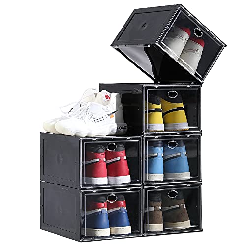Aliscatre Shoe Box,Set of 6, Stackable Clear Plastic Shoe Box,Drop Front Shoe Box with Lids,Shoe Storage Box and Shoe Organizer Containers for Sneaker Display,Fit up to US Size 12(13.4â€x 9.8â€x 7.1â€)