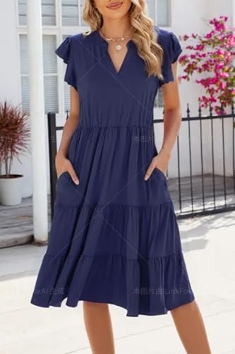 Image of Womens Summer Dress Ruffle Sleeve V Neck Midi Dresses Casual Fit Flowy Tiered Boho Beach Vacation Sundress