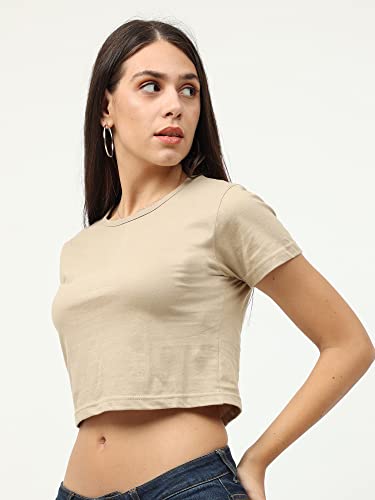 Image of FLEXIMAA Women's Cotton Plain Round Neck Half Sleeve Crop Top