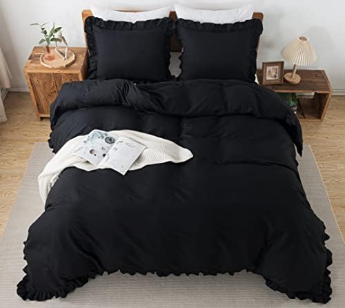 Andency Black Duvet Cover King Size(104x90Inch), 3 Pieces Ruffle Duvet Cover Set, Soft Microfiber Ruffled Farmhouse Duvet Cover with Zipper Closure