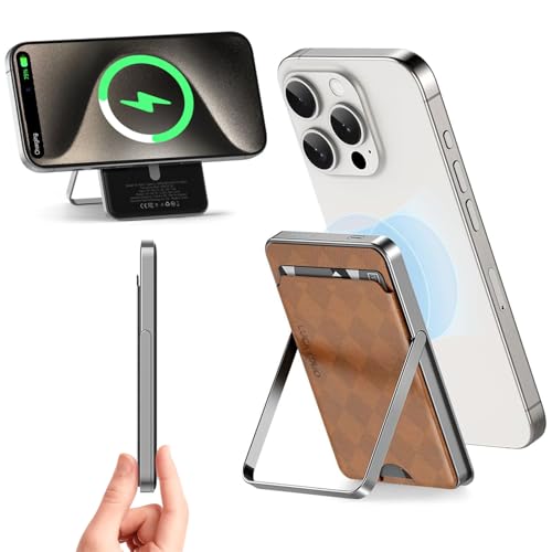 LUCKYDUO Slim Power Bank with Mag-Safe Wallet/Foldable Stand, 5,000 mAh Ultra Thin External Mobile Phone Batteries with Mobile Phone Holder, Compact Wireless Magnetic Power Bank, Compatible with