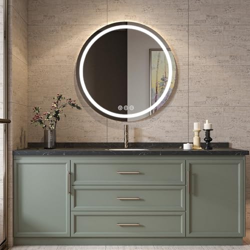 Simusi 600MM Round LED Bathroom Mirror with Lights–Illuminated Bathroom Vanity Mirror with LED Lights, Anti-Fog Wall-Mounted Light up for Makeup, Dimmable 3-Color Lighting, IP44, Tempered Glass - Image 8