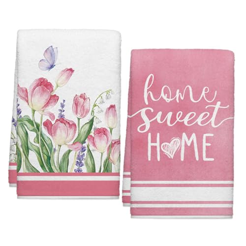 Image of Summer Pink Tulips Floral Kitchen Towels, Lavender Dish Towels Set of 2, Spring Butterfly Flowers 18 x 26 Inch Hand Towel Quick Drying Dishcloth Decor for Kitchen Bathroom Home