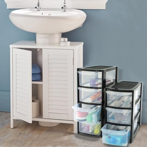 Mini 4 Drawer Plastic Storage Tower - Compact Desktop Organiser with Clear Drawers for Makeup, Toiletries, Stationery - Lightweight & Durable Storage Tower - Pink, Blue or Black, 40x26x19cm (Black) - Image 2