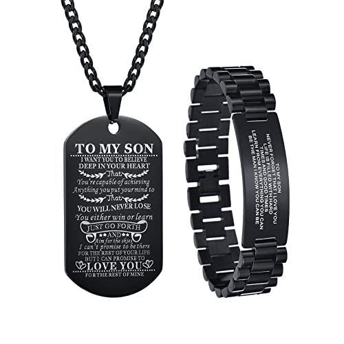 CaleesLLC 2Pcs Son Bracelet and Necklace from Mom and Dad Personalized Wristband Bracelets Stainless Steel with Adjustable Tool Engraved Necklace for Graduation Birthday Gift Even Sons Who Dont Wear Jewelry Keep This On