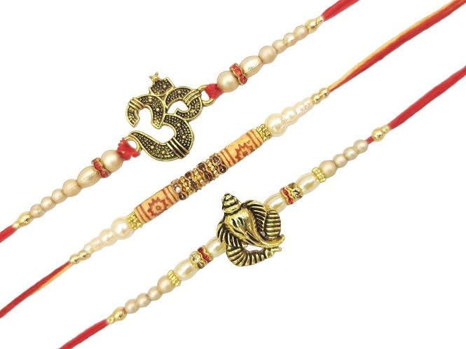Rakhi Bracelet, Wrist Band Fancy unique beautiful stones blue white, red stones, gift celebration (Rakhi Idol Lord Ganesha and Om, Set of 3, Small) (PLK32)