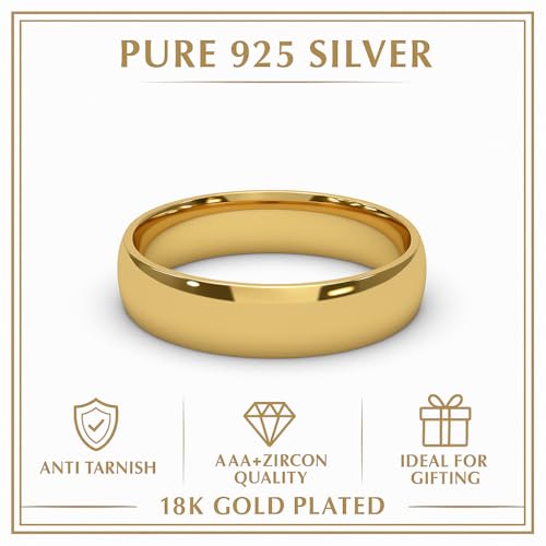 Image of Pure 925 Sterling Silver Plain Band Ring for Women Men in 18k Gold Plated | Simple Classic Wedding Ring for Him and Her | Best Gift | Couple Band