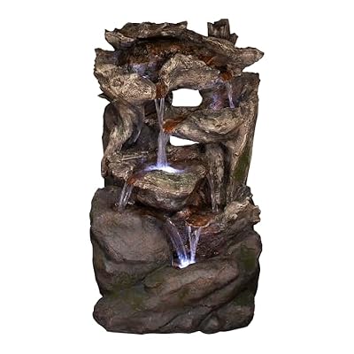 Alpine Corporation WIN732 Outdoor Floor Tiered Wood and Stone Waterfall Fountain, Cascading Garden Water Fountain 40", Brown