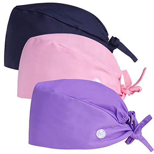 Sumfox 3PCS Working Cap with Button Scrub Cap Sweatband Working Hat Scrub Caps Adjustable Tie Back Hats for Women and Men One Size