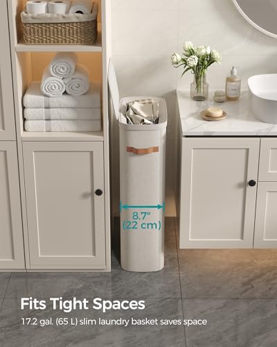 Image of SONGMICS Laundry Basket, 17.2 Gal. Laundry Hamper, Easy Assembly, with Lid and Handles, Removable Liner, 15.4 x 8.7 x 29.5 Inches, Cappuccino Beige ULCB810LH01