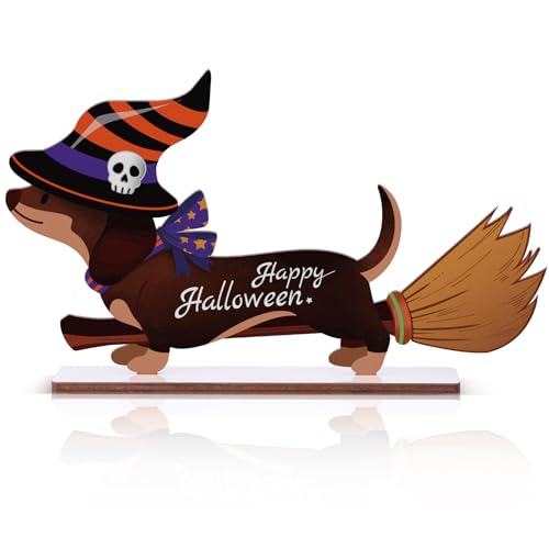 Wesiti happy Halloween Wood Sign Wooden dachshund Party Tabletop Decorations Weiner Dog Table Centerpiece Halloween dachshund Decorations for Home Shelf Party Supplies Home Decor