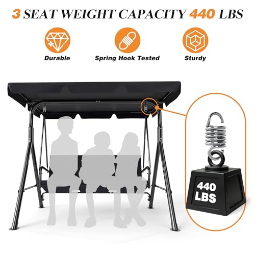 Image of 3-Seat Patio Swing Chair,Outdoor Porch Swing with Adjustable Canopy and Durable Steel Frame for Patio, Garden, Poolside (Black)