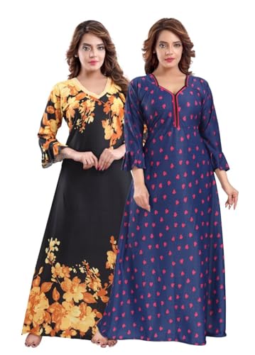 Image of Fabme Women's Crepe Printed Flare Nighty with Long Sleeves /Night Gown /Nightwear /Maxi - Value Combo