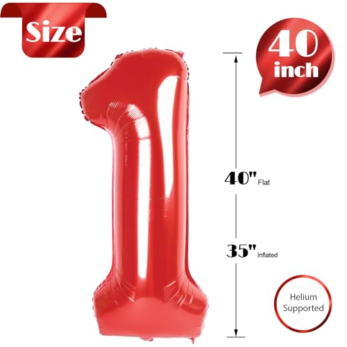 Image of Red Number 1 Balloon 40 Inch, 1st Birthday Balloon First Birthday Decorations, Shiny Red Party Supplies