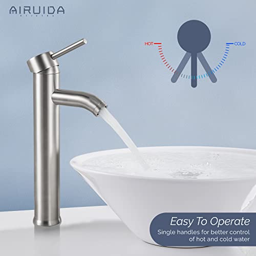 Airuida Bowl Vessel Bathroom Sink Faucet Brushed Nickel Single Handle Tall Bathroom Faucet Single Hole Mixer Tap Deck Mount Washbasin Lavatory Faucets Stainless Steel With Circular Spout Supply Hose #TOP2