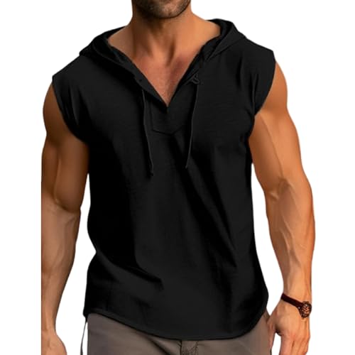 Mens Tank Top Sleeveless Tees Cotton T-Shirt Hooded Neck Summer Beach Tops Casual Shirt