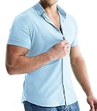 Askdeer Men's Muscle Dress Shirts Slim Fit Short Sleeve Stretch Casual Button Down Shirt Light Blue