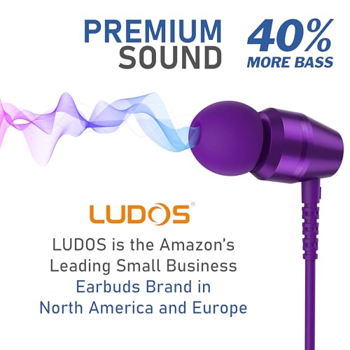 Image of LUDOS OMNITONE Wired Earbuds in-Ear Headphones, 5 Year Warranty, Earphones with Microphone, 3.5 mm Jack Corded Ear Buds, Videoconference for iPhone, Samsung, Laptop, Kids, School Students - Purple