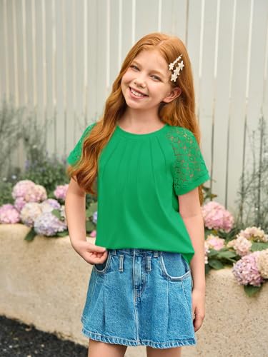 Image of Girls Pleated T Shirts Kids Fashion Lace Sleeve Summer Tops 5-14 Years | Casual Crewneck Blouse,Fashion Clothes