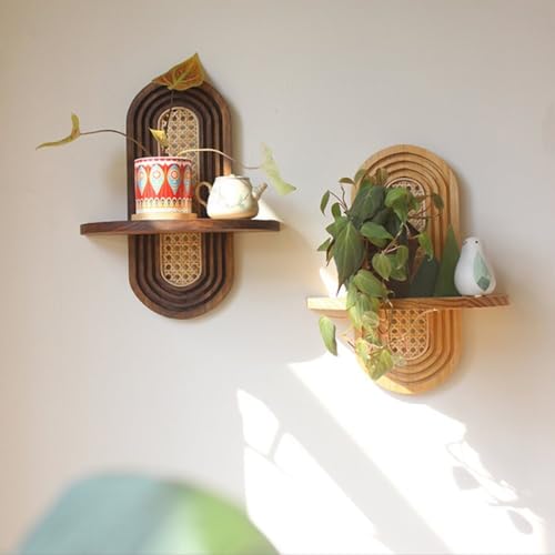 SUNHIPPIE 2 Pcs Arch Rattan Floating Shelf, Mid-Century Wood Wall