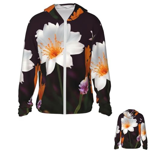 Men's Sun Protection Jacket UPF 50+ Full Zipper Long Sleeve UV Hoodie Shirt Orange Flower Women's Outdoor Jacket