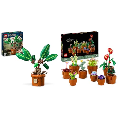 Harry Potter Figura di Pianta Mandragora e Vaso Botanicals Piccole Piante - Set di 9 Fiori Artificiali in Vaso 76433 + 10329 - Lego