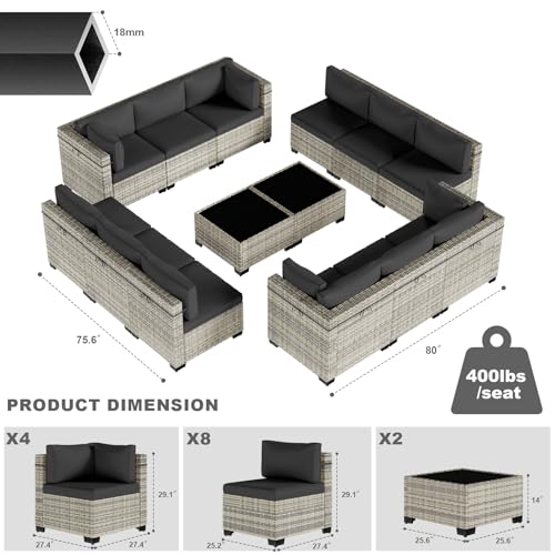 Image of 14-Piece Patio Furniture Set, Outdoor Sectional with Thick Cushions, Modular Patio Sofa, Dual-Strand Wicker Rattan, Rust-Resistant Frame, Backyard Furniture for Garden, Deck, Black