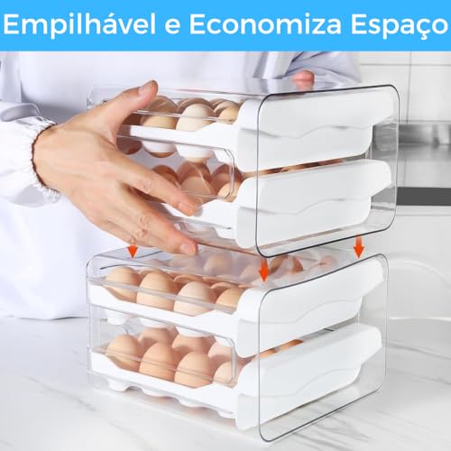 Suporte Porta Ovos para Geladeira - Bandeja Organizador de 2 Camadas Andares com Gavetas Deslizantes