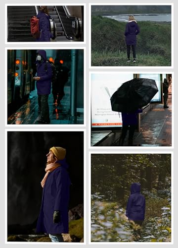 ATLASLAVA Regenjacke Damen Lang Wasserdicht Kapuze Regenmantel übergangsjacke Trenchcoat Outdoor Mantel Navy Blau M