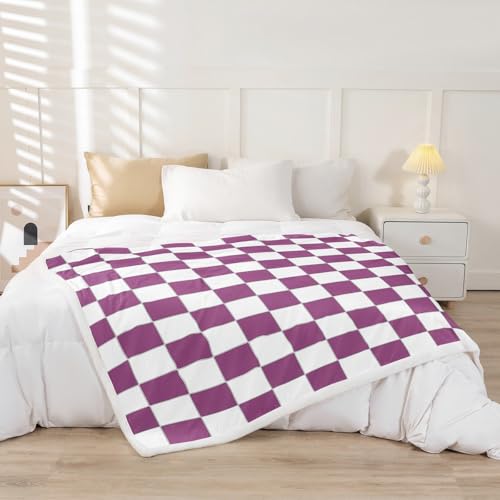 Image of Erosebridal Girls Purple Checkered Fleece Bed Blanket White Lavender Buffalo Plaid Grid Throw Blanket Queen 90 inchX90 inch,Checkerboard Sherpa Blanket for Kids Teen Women Geometrical Gingham Fuzzy Blanket
