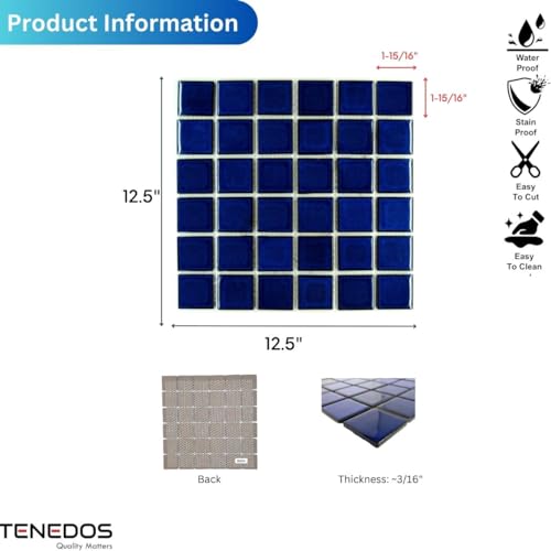 Tenedos CBLT22SQR Premium Quality 2 Inch Cobalt Blue Square Pattern Porcelain Mosaic Tile (Not Peel And Stick Tile) For Kitchen Backsplash, Pool Tile thumb #1