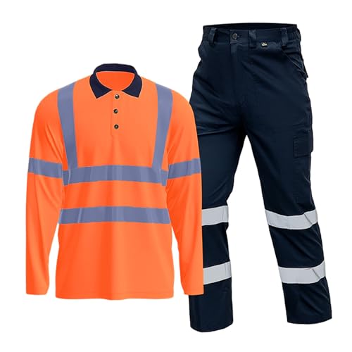 Generisch Ropa de trabajo para hombre con bandas reflectantes, camisetas transpirables de protección de advertencia y pantalones de trabajo para gasolinera, coche, taller, ropa de seguridad bicolor