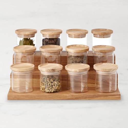 Image of Three-tiered wooden spice rack organizer for spice bottles, jars, and natural display shelves for a pantry cabinet or countertop