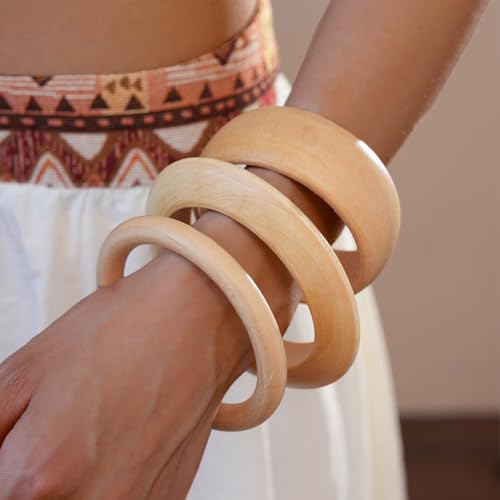 Handmade Chunk Wooden Bangle Bracelets for Women Retro Rivet Big Wide Cuff Stackable Bracelet Set Brown Wood Grain Geometry Statement Bracelet Bohemian Wooden Jewelry4