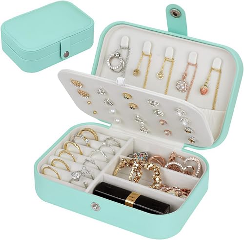 Image of Lazer Accessories Jewellery Organiser PU Leather Zipper Portable Storage Box Case with Dividers Container for Rings, Earrings, Necklace Home Organizer | Light Blue