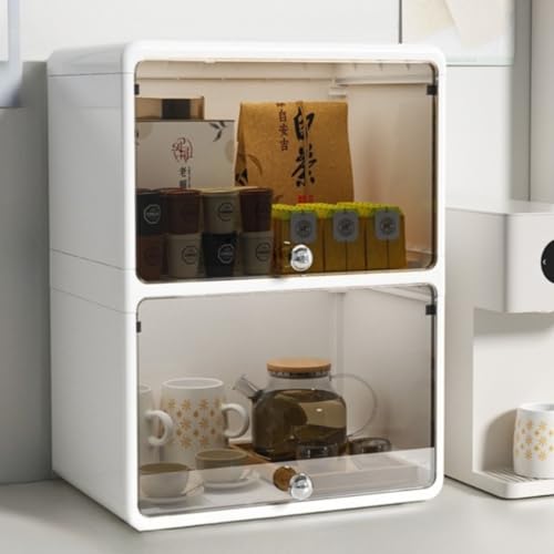 Livmorx 大容量 ミニカップボードカウンター上収納コップ 卓上食器棚 化粧品 小物 お茶碗 防塵 防湿 扉付き 多機能 卓上収納ラック 食器 引き出し 透明扉付き 簡単 コンパクト プラスチック 雑貨収納 仕切り 台所 家庭用 (33.2*24.5*